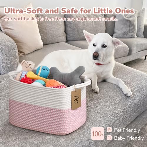 Image of Goodpick Woven Rope Storage Basket for Shelves, Rectangle, Pink & White