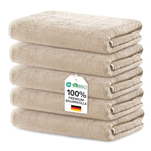 Ôhm 5er Set Handtücher 30x50 cm 100% Baumwolle Frottee 500 g/m Beige extra dick und saugstark Oeko-Tex Zertifiziert
