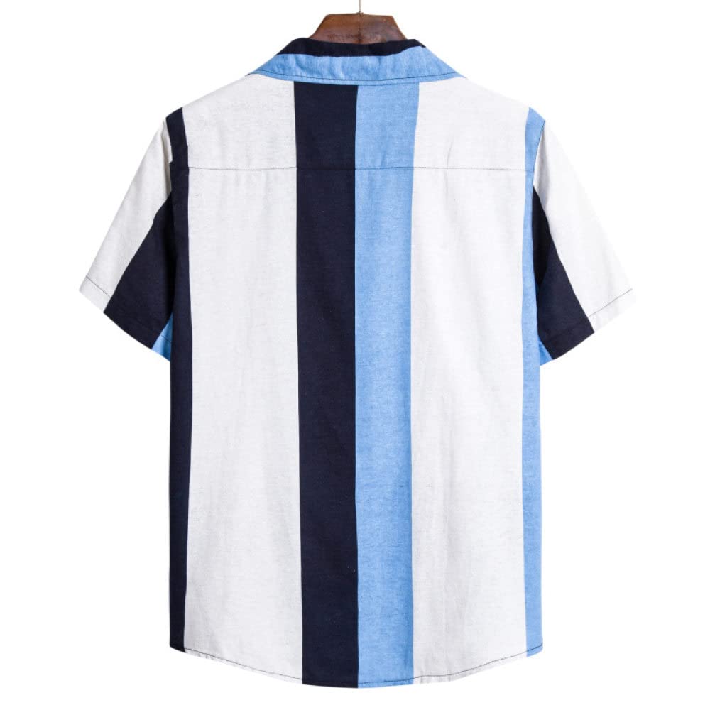 Camisa Hawaiana Hombre, Camisa Hawaiana para Hombre Y Pantalones Cortos De Playa Hawaianos Conjunto De Rayas De Lino De Algodón Azul Trajes De Hawaii Camisa De Playa De Manga Corta Casual Y Pantalo