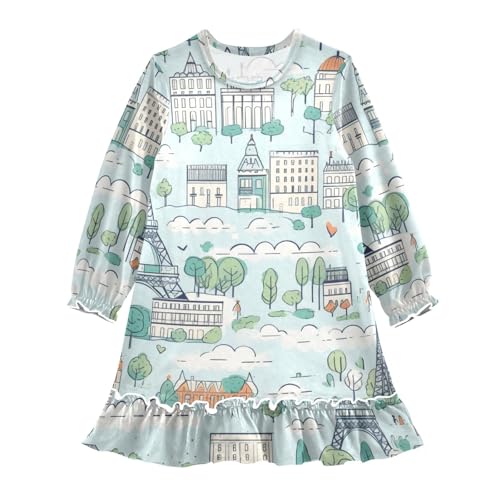 Cartoon Eiffel Tower Girls Long Sleeves Dress, Winter Dresses Nightgowns Casual Swing Dress