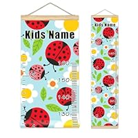 Personalized Kids Name Growth Chart Ruler for Wall Wood Frame Height Measure Chart 13.4x56 in Linen Hanging Height Growth Chart Ladybugs and Flowers Kids Room Decor