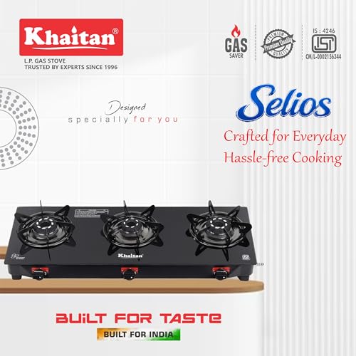 Image of Khaitan 3 Burner Selios Black Manual Gas Stove Toughened Glass, Alloy Premium Burners, ISI Marked with 1 Year Warranty