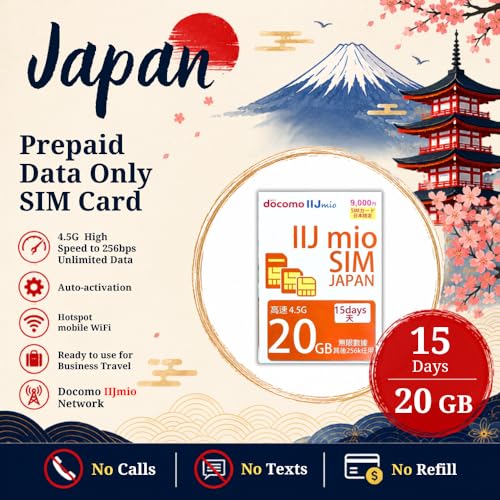 Japan Prepaid Data Only SIM Card, 4.5G High Speed to 256kbps Unlimited Data | Auto Activation | Hotspot Mobile WiFi | Ready to Use for Business Travel | Docomo IIJmio Network (15 Days, 20GB)