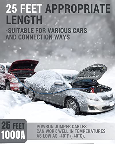 Powrun P025 Jumper Cables for 12/24V Car Battery, 1000A Heavy Duty Booster Cables with Carrying Bag, Jumper Cables Kit for Vehicles with up to 8.0 L Gas and 6.0L Diesel Engines