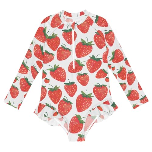 Red Strawberry Cartoon Print Girls One Piece Rash Guard Swimsuit, Girls Long Sleeve Swimwear for 3-12Y