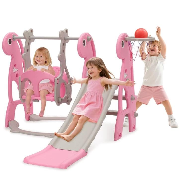 Toddler Slide and Swing Set with Basketball | Indoor Baby Slide and Height Adjustable Swing (Pink)