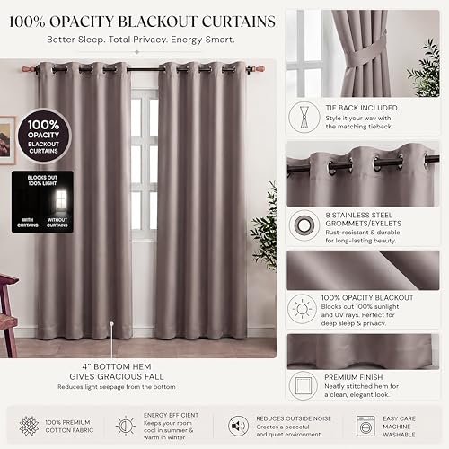 Image of Clasiko Champagne Taupe Blackout Eyelet Door Curtains Set of 2, (7 Feet) 54 x 84 Inches, Room Darkening & Noise Reduction Curtains with Tiebacks