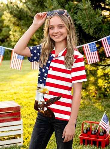 Image of BesserBay Unisex Kids 4th of July Shirt Girls Boys Patriotic Button Down Shirt American Flag Top 4-14 Years