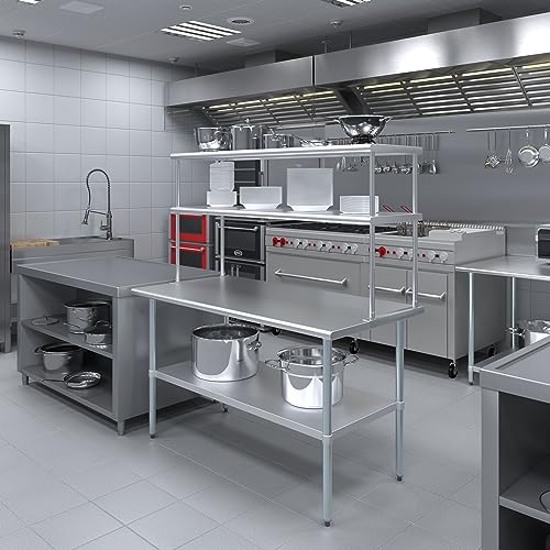 30\" x 60\" Stainless Steel Work Table with 18\" Wide Double Tier Overshelf | Metal Kitchen Prep Table & Shelving Combo - Thumbnail 2