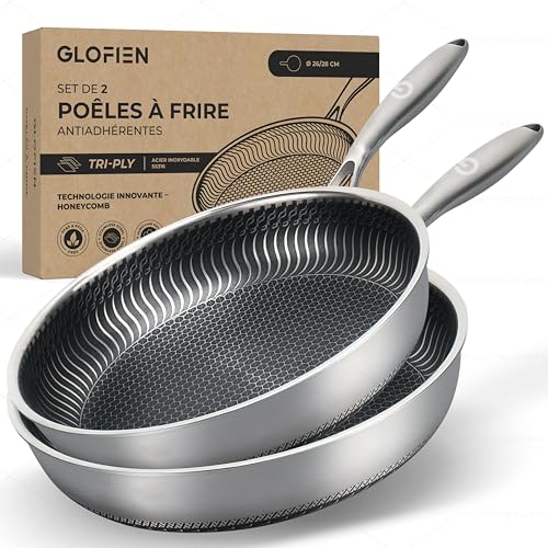 Glofien Set 2 Poeles Acier Inoxydable 26/28 cm – Poele Inox 18/10, Structure Tri-Ply avec surface nid d'abeille- Poele Anti Adhesive sans PFAS, Tous Feux...