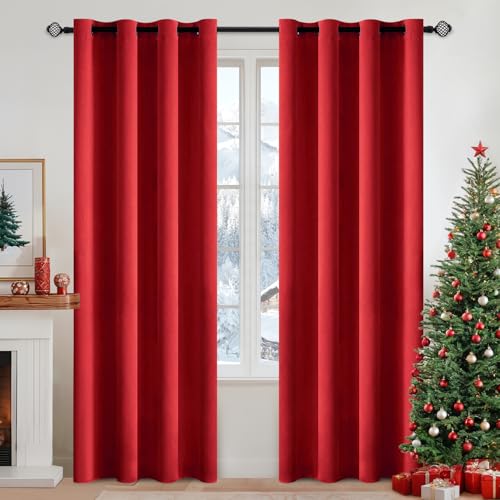 MIULEE Christmas Blackout Curtains for Bedroom Living Room Thermal Insulated Room Darkening Grommet Top Solid Light Blocking Drapery Set of 2 Window Panels 52 x 72 Inches Red