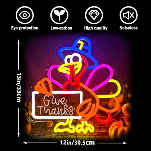 Image of Thanksgiving Neon Sign Thanksgiving Turkey Neon Sign Dimmable Turkey Neon Light for Wall Decor Give Thanks Sign for Home Bar Front Door Thanksgiving Decorations