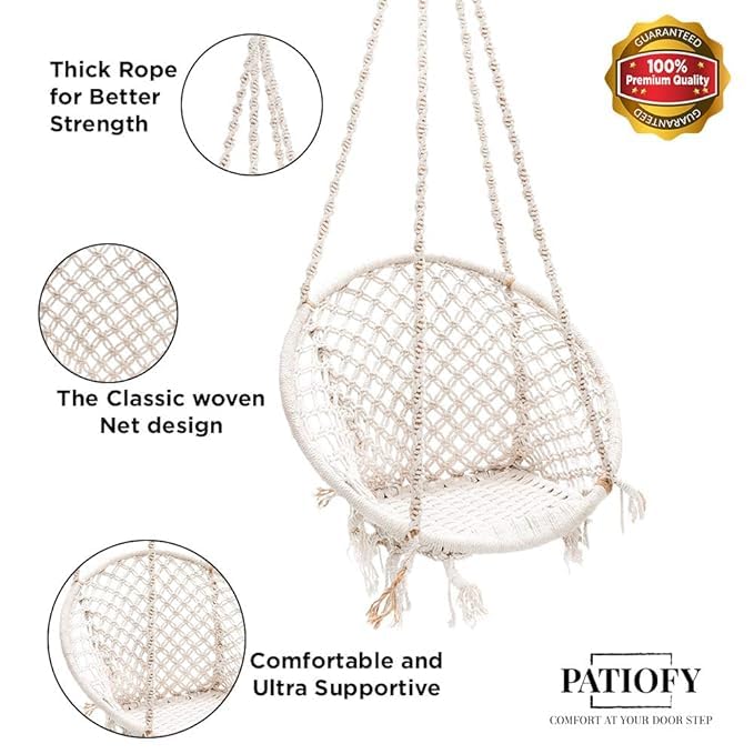 Image of Round Cotton Home Swing for Adults & Kids || Hammock Hanging Swing for Balcony, Indoor & Outdoor|| Wooden Swing Chair|| Handmade Home Jhula || Capacity Upto 120 Kgs