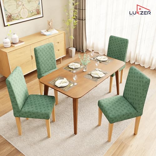Image of Lukzer Elastic Dining Chair Cover - 4PC Pastel Green Basket Weave | Textured High Stretch Jacquard Seat Cover | Removable Washable Short Dining Chair Cover Protector Seat Slipcover | (CC-114-04)