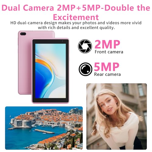 Image of IWEGGO Android 14 Tablet with Case, 7 Inch 8GB RAM+32GB ROM / 1TB Expandable Computer, 5MP Camera Tablets, 1.6Ghz Quad-core Processor, 3000mAH Battery Tablet PC, 5G WiFi, Games 7'' Android Laptop Pink