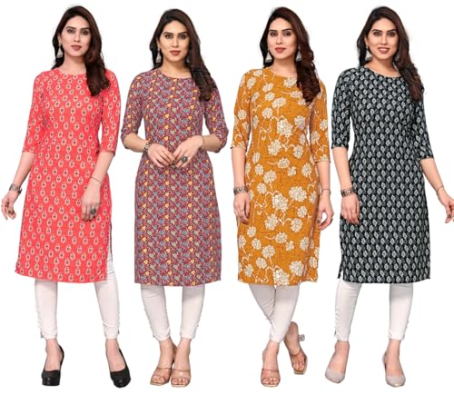Image of JAKHANA Women's Crepe Printed Casual Straight Calf Length Round Nick Kurta Pack of 4