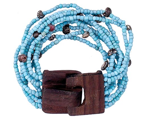 Elastic Ten-Strand Seed Bead and Baby Shell Bracelet with Wood Hook Closure