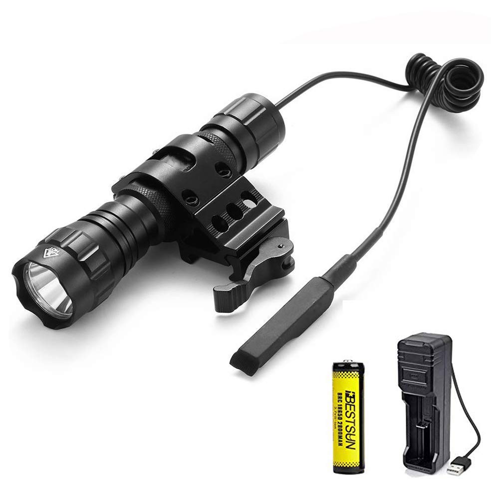 BESTSUN Tactical Torch, 1300 Lumens Powerful Torches Rechargeable Hunting Light 1 Mode Waterproof Hunting Flashlight with Picatinny Rails Mount, Pressure Switch, Battery and Charger