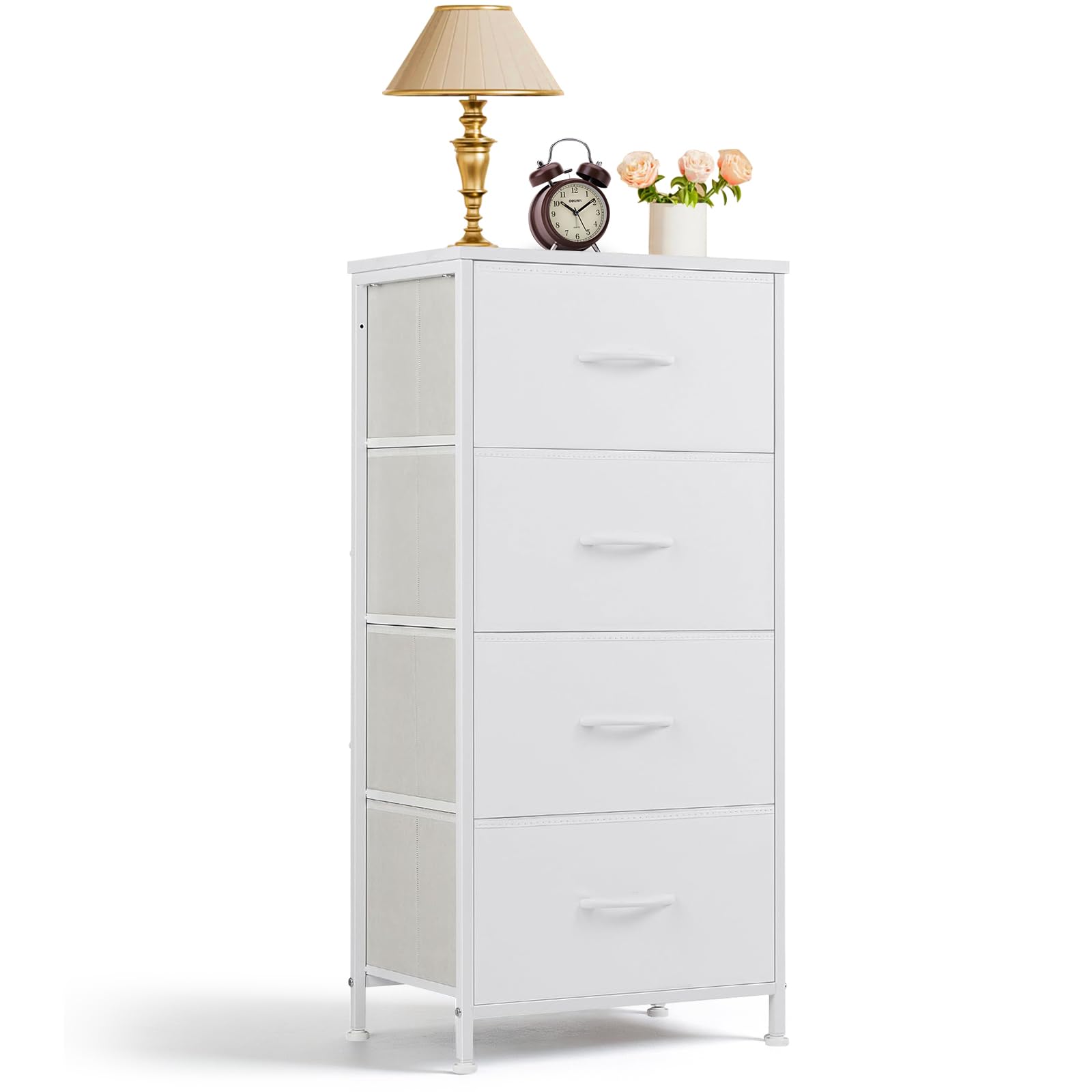 nightstand, 4 drawer dresser end table bedside furniture with wooden top steel frame fabric bins for bedroom, closet, entryway, dorm, living room, white
