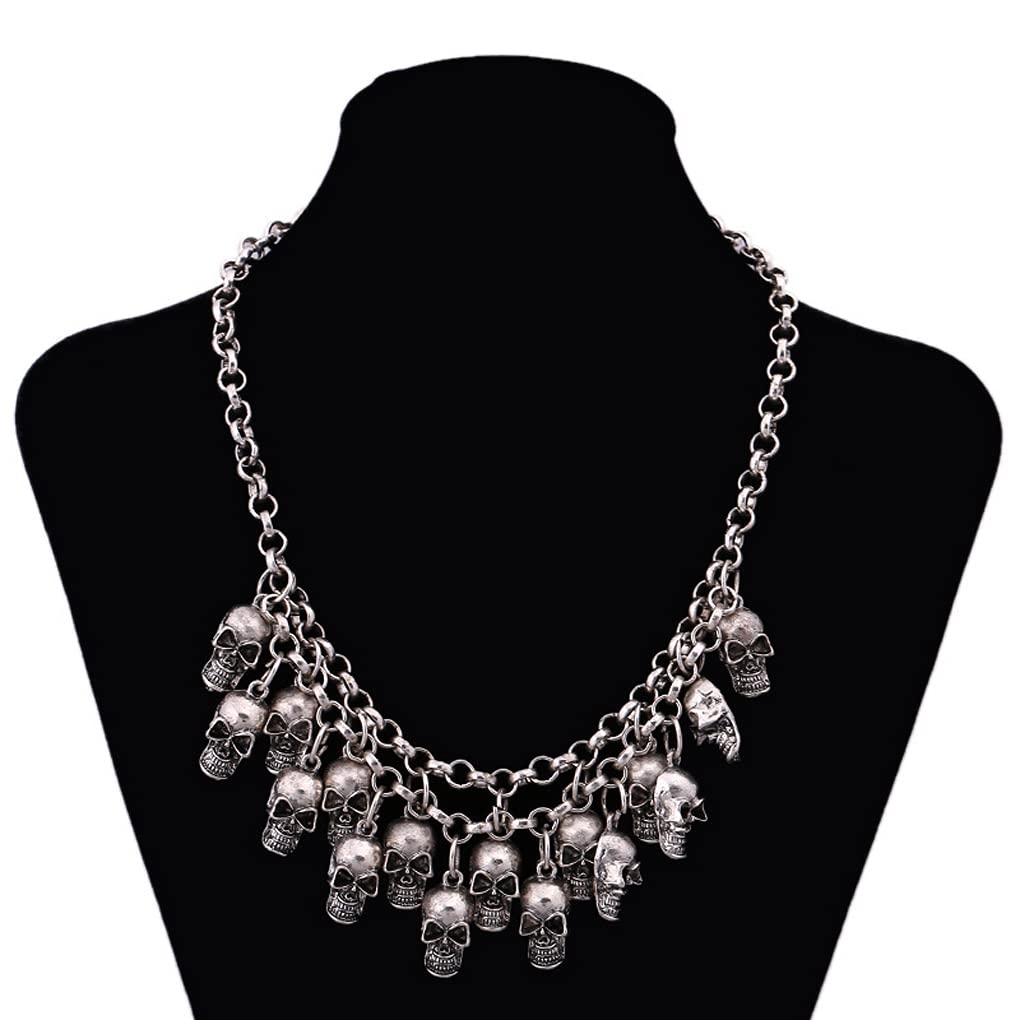 YJZQ Vintage Creative Alloy Halloween Skull Necklace Jewellery Women Pirate Cosplay Fancy Dress Costume Accessory, Vintage Silver