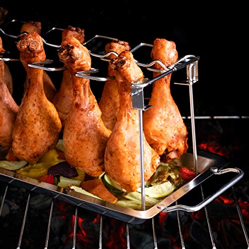 Foto von Blumtal Hähnchenschenkel Halter aus 100% Edelstahl inkl. Auffangschale Backofenfest - Robuster Hähnchen Grill Ständer - für 12 Schenkel, Spülmaschinengeeignet