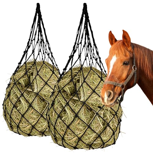 RUCUDIM Red de heno para caballos, 2 unidades, malla estrecha, malla de 6 x 6 cm, saco de heno para caballos, red de heno, saco de comida para viajes, saco de heno grande y robusto para alimentación