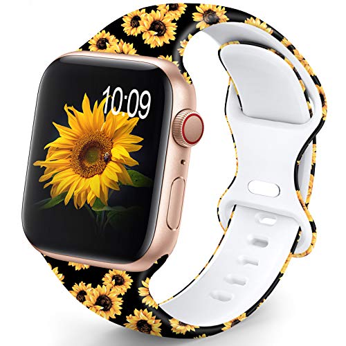 OHOTLOVE Compatible with Apple Watch 38mm 40mm 42mm 44mm for Women Men, Soft Silicone Pattern Printed Replacement Wristband Band for Iwatch Series 6 & Series 5 4 3 2 1.Sunflower A