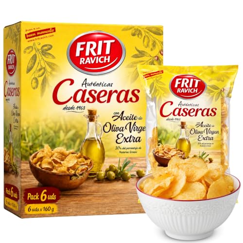 Patatas Caseras Frit Ravich, Papas originales, Elaboradas al estilo tradicional con aceite de oliva virgen extra, Sin Gluten, Producto Español, Contiene 6 Bolsas de 160 gr