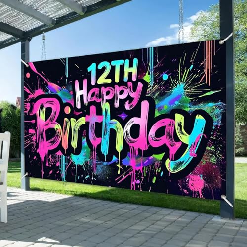 Image of HOMETITUTE Neon 12th Happy Birthday Banner 71x43 Inch Glow Party Supplies | Graffiti 12th Birthday Party Sign Supplies, Cool 12 Year Old Birthday Poster Background Photo Booth Props Decor