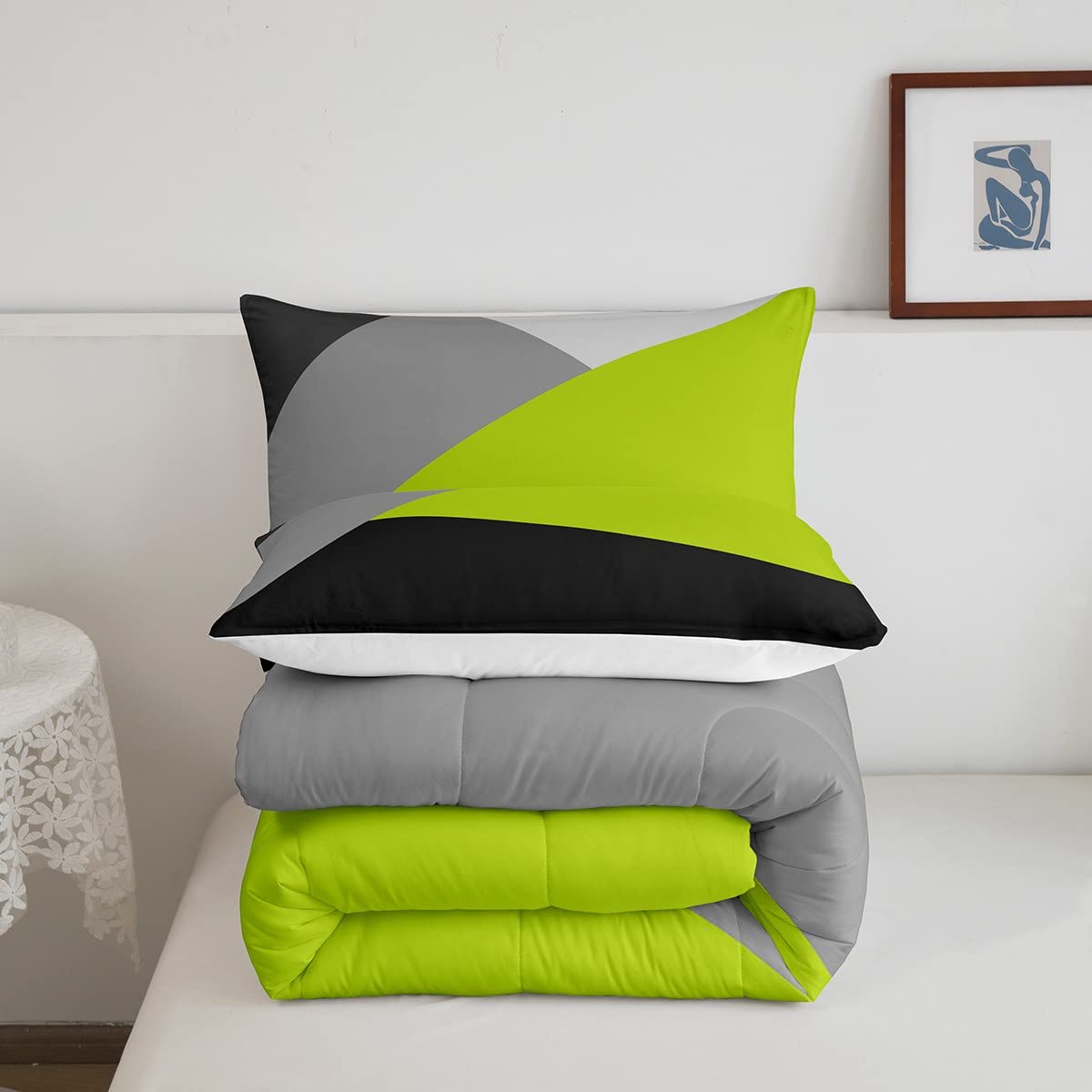 Erosebridal Bettwäsche-Set Patchwork Geometrie – Grün, Schwarz, Grau | Für Doppelbett, Queen, King Size