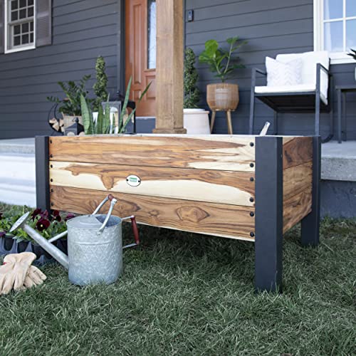 Image of Backyard Discovery 48 inch Teak Wood Garden Bed Planter Box with Galvanized Steel Legs, Mesh Liner for Outdoor Gardening, Patio, Balcony, Deck, Porch