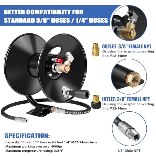 Image of MEKOH Pressure Washer Hose Reel 50ftx3 /8 inch / 65ftx1 /4 inch, 4000PSI Heavy Duty Power Washer Hose Reel with M22-14 Fitting, Hand Crank Metal Reel with Wall /Trailer /Van Mount, Manual Hose Reel for Water