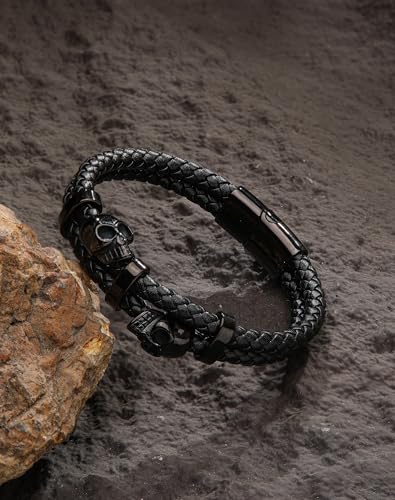 Stainless Steel Double Skull Bracelets - Mens Genuine Leather Punk Skeleton - Cuff Gothic Jewelry3