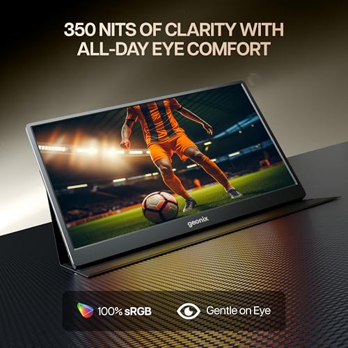Image of GEONIX 17.3 inch Full HD 1080p IPS Portable Monitor, Ultra-Slim, IPS, 350 Nits Brightness, Foldable Kickstand Cover, Dual Speakers, USB-C & Mini HDMI, for Laptop /Phone /Console, 1 Year Warranty (Black)