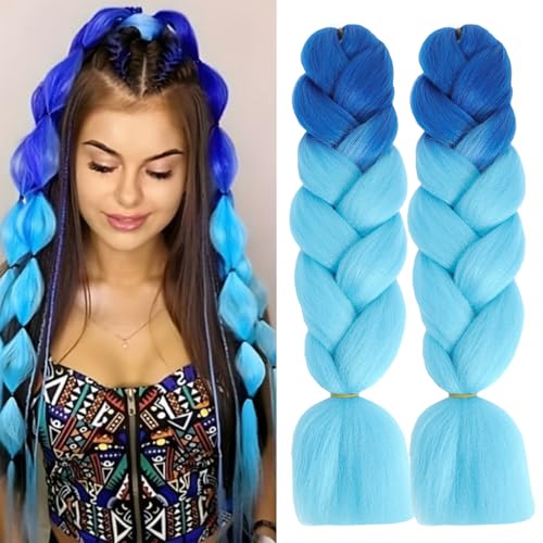 Herina Blue Ombre Braiding Hair For Braids 2pcs Fake Braids In Hair Extensions High Temperature Fiber Blue To Light Blue Hair Extensions(2pcs/pack)