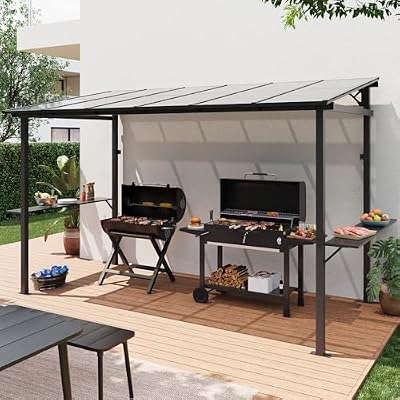 LAUSAINT HOME 12x6 ft Hardtop Grill Gazebo, Outdoor Sloping PC Roof BBQ Patio Metal Gazebo with Shelves and Hooks, Heavy Duty Barbecue Canopy Pergola for Backyard, Garden, Patio, Brown Shade