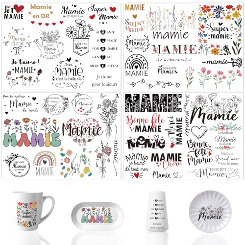 4 feuilles d'Autocollants de Transfert pour Mamie,Cadeau Super Mamie Stickers Imperméables pour Décoration Tasse Grand Mere Mug,Verre,Artisanat
