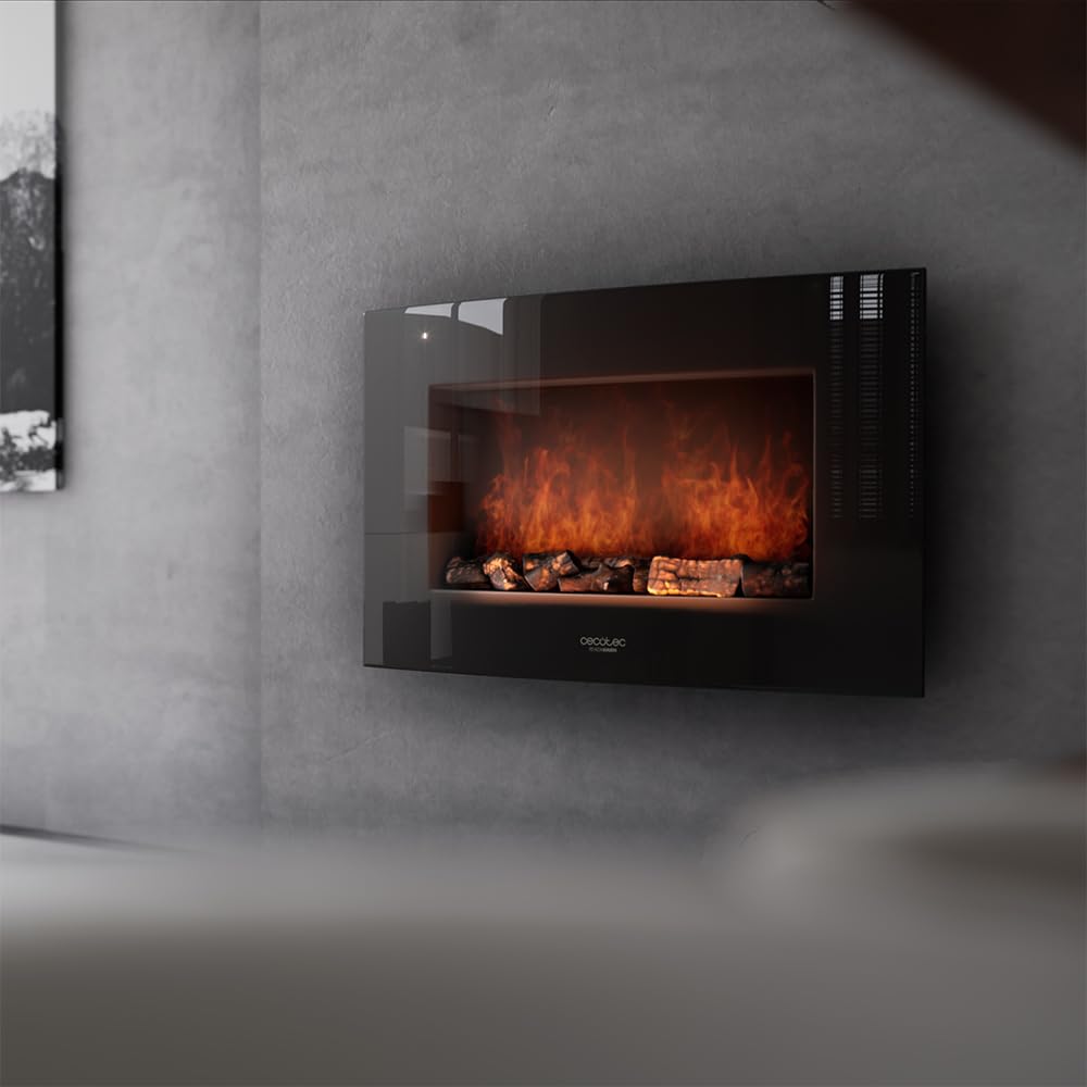 Cecotec Camino Elettrico Decorativo 35” con Telecomando Ready Warm 3510 Curved Flames. Massima Potenza 2000W, 2 Intensità, Pannello Curvo Cristallo Temperato, Fiamma Regolabile, Timer