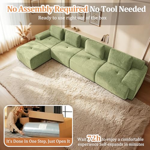 Image of 159 inch L-Shaped Modular Sectional Sofa, Oversized Boneless Cloud Couch for Living Room with Extra Deep Seat & High Back, Tool-Free No Assembly, Soft Chenille (Olive Green, 159 inch-L Shaped（4+1）)