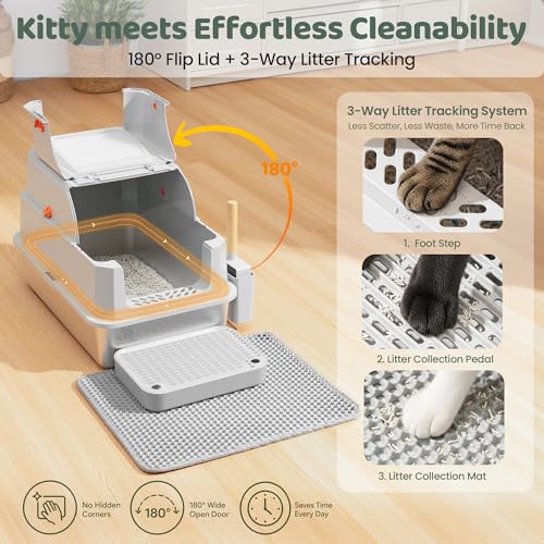 Image of Stainless Steel Litter Box with Lid - XL Enclosed Litter Box for Cats with Collecting Mat - 4 Way Setup Fully Closed, Semi Low, High & Open Kitty Boxes, Leak Proof Metal LitterBox (Light Gray)