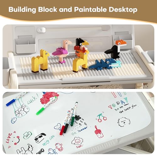 Toddler-Table-and-Chair-Set-4-in-1-Activity-Table-with-100-pcs-Building-Block-Kids-Drawing-Table-Learning-Table-with-Adjustable-Height-Kids-Table-and-Chair-Set-for-Boys-Girls-Gray Toddler Table and Chair Set 4 in 1 Activity Table with 100 pcs Building Block Kids Drawing Table Learning Table with Adjustable Height Kids Table and Chair Set for Boys Girls Gray