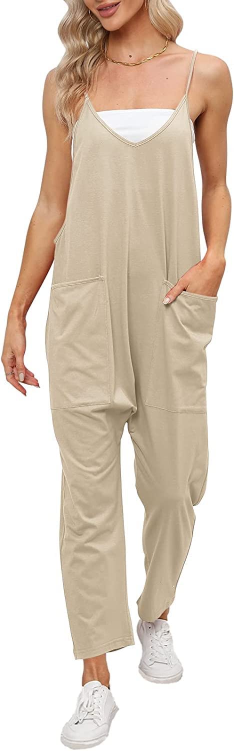 Damen-Jumpsuit mit V-Ausschnitt, ärmellos, verstellbaren Spaghettiträgern, Haremshose, Taschen