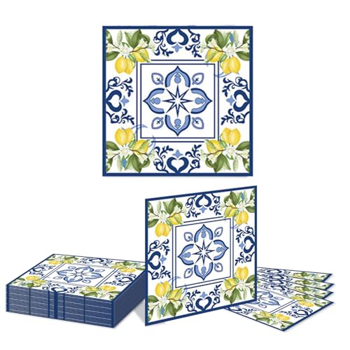 Kotkiddy 20 pièces Serviettes en Papier Citron Bleu Cyan Jaune pour déjeuner napperons Dessin Aquarelle Citron en Papier