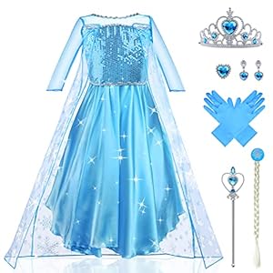 URAQT Elsa Prinsessenjurk, Elsa Prinsessen Kostuum met 6 Prinse Accessoires, Elsa Anna Jurk Meisjes Princess Dress Prinses Elsa Dress Up, Meisjes Jurken voor Feest Kerstmis Carnaval Party Halloween Bruiloft Verjaardagsfeest
