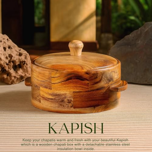 Image of Wooden Chapati Box: Teak Wood Casserole - Detachable ss Insulated Bowl - Keeps rotis Warm & Fresh, Perfect for Serving hot chapatis. A Must-Have for Elegant Kitchen decor