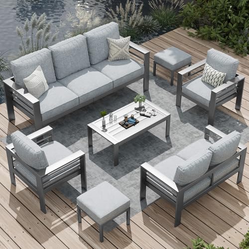 AECOJOY Aluminum Patio Furniture Set, Modern Outdoor Patio Furniture with Coffee Table, 7 Pieces Outdoor Conversation Set with Grey Cushions for Balcony, Porch, Light Gray