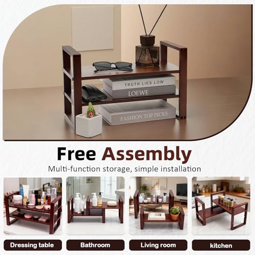Image of Desk Shelf, 100% Solid Wood Adjustable Desktop Bookshelf, No Tools, Nails or Glue Required for 130lb Load Capacity for Living Room, Office, Books, Cookbooks, Interlocking Joints Walnut Colour