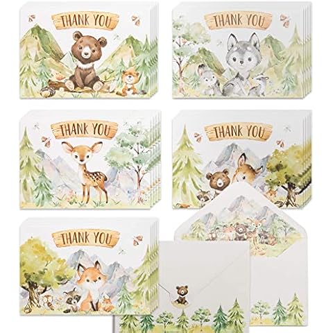 VNS Creations 50 Woodland Animal Thank You Cards, Bulk Forest & Mountain Creatures Thank You Notes w/Matching Lined Envelopes & Stickers, 4 x 6 in. Cover