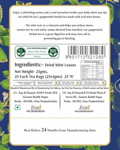 Image of Sancha Tea Boutique, Peppermint Herbal Tisane, 25 Pyramid Bags x Pack of 2, Caffeine Free Infusion with Real Peppermint Leaves, Traditionally Valued for Digestion & PCOS Support