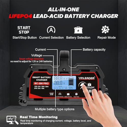 Battery Charger 20A, 12V/24V Lead Acid Smart Battery Charger, 12V LiFePO4 Car Battery Trickle Charger, Automatic Battery Maintainer for Car Motorcycle Lawn Mower Marine Boat Lead Acid Batteries